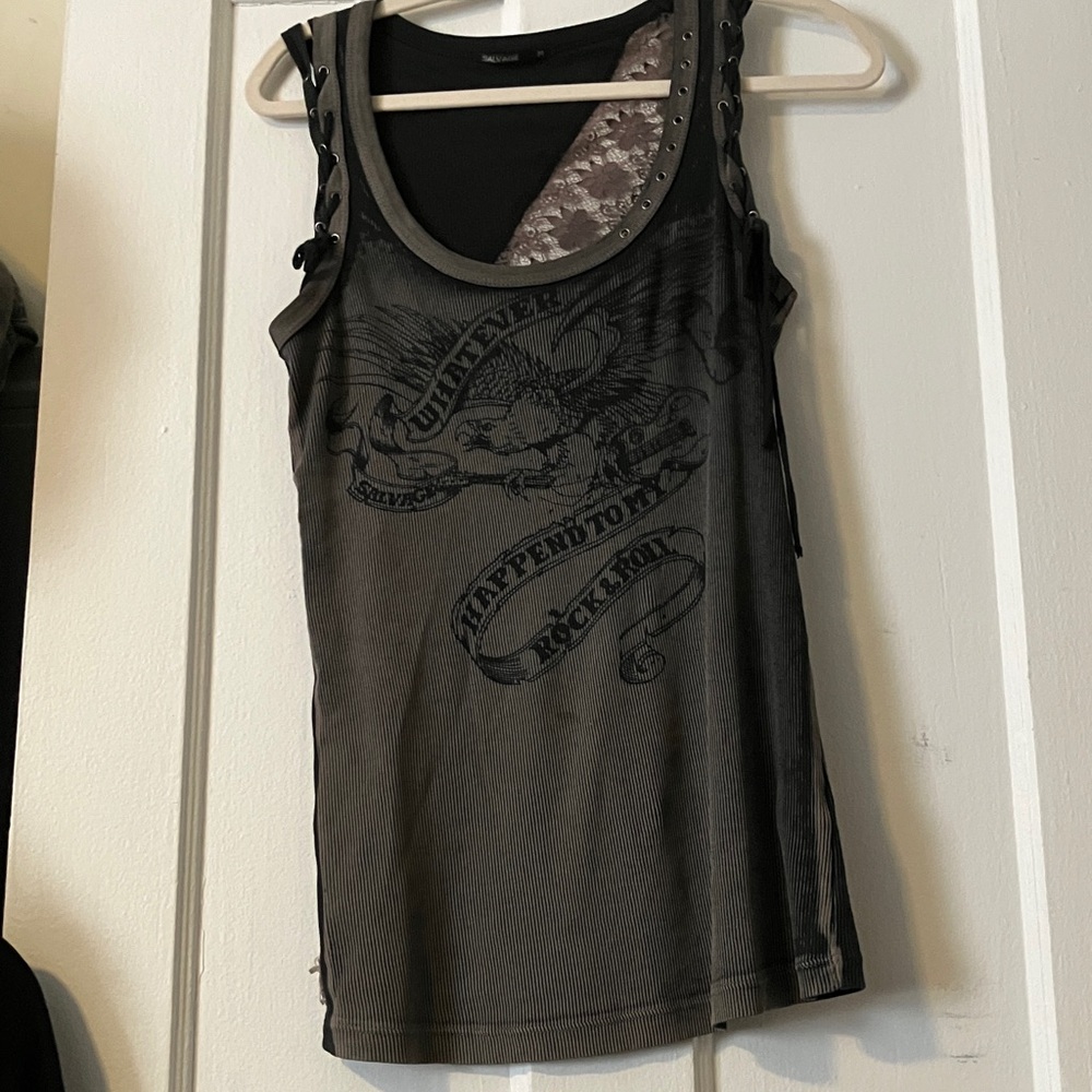 Salvage Olive Green and Black Lace-Up Graphic Tank Top